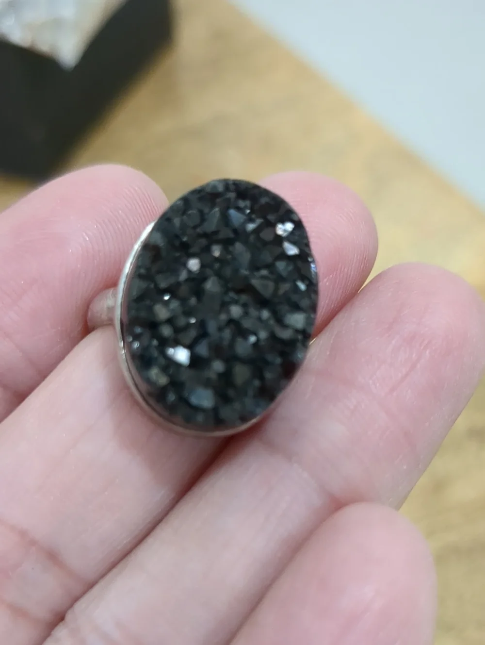 Black Druzy Oval Ring Sterling Silver